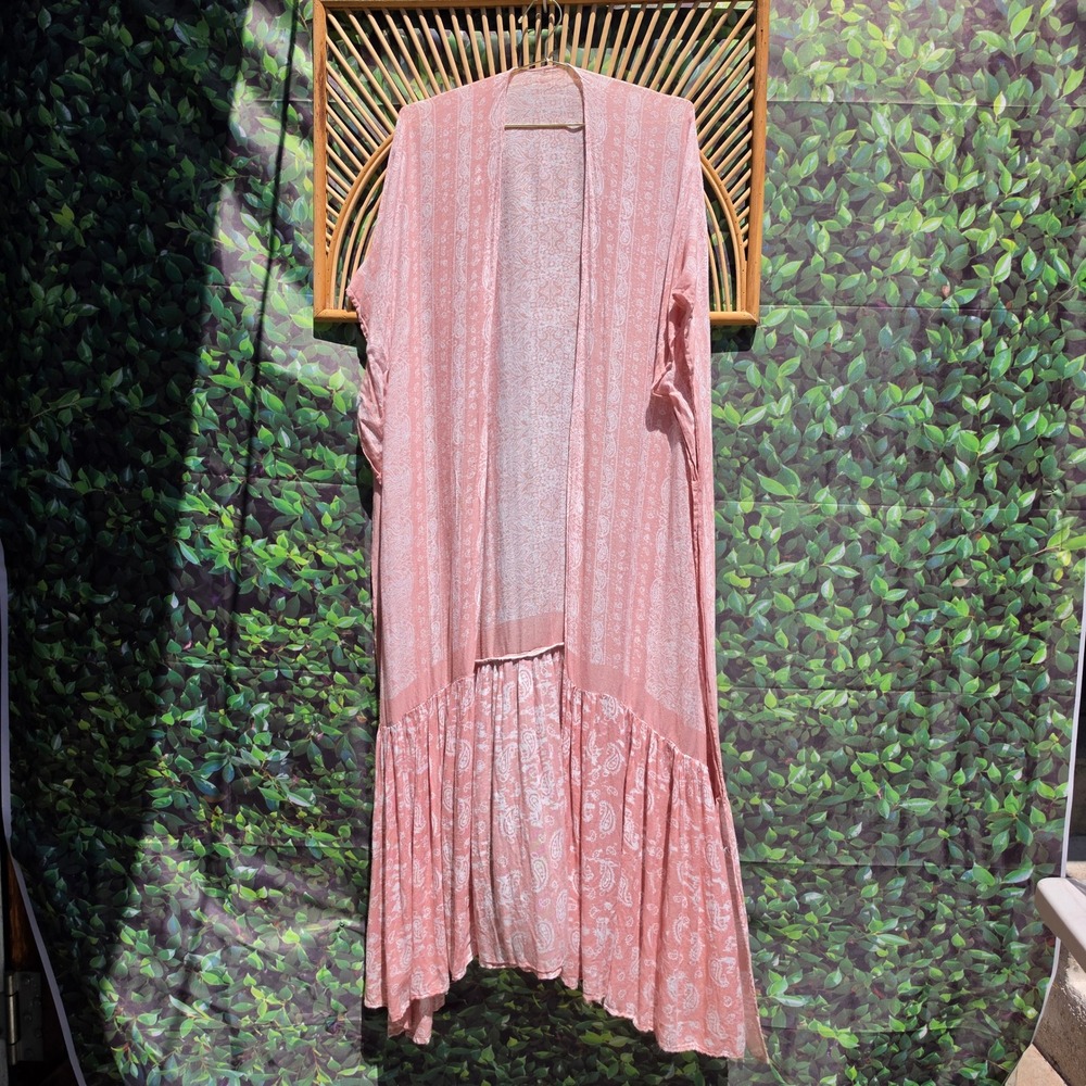 Coral Pink Paisley Ruffle Hem Maxi Duster Kimono One Size RN 134313